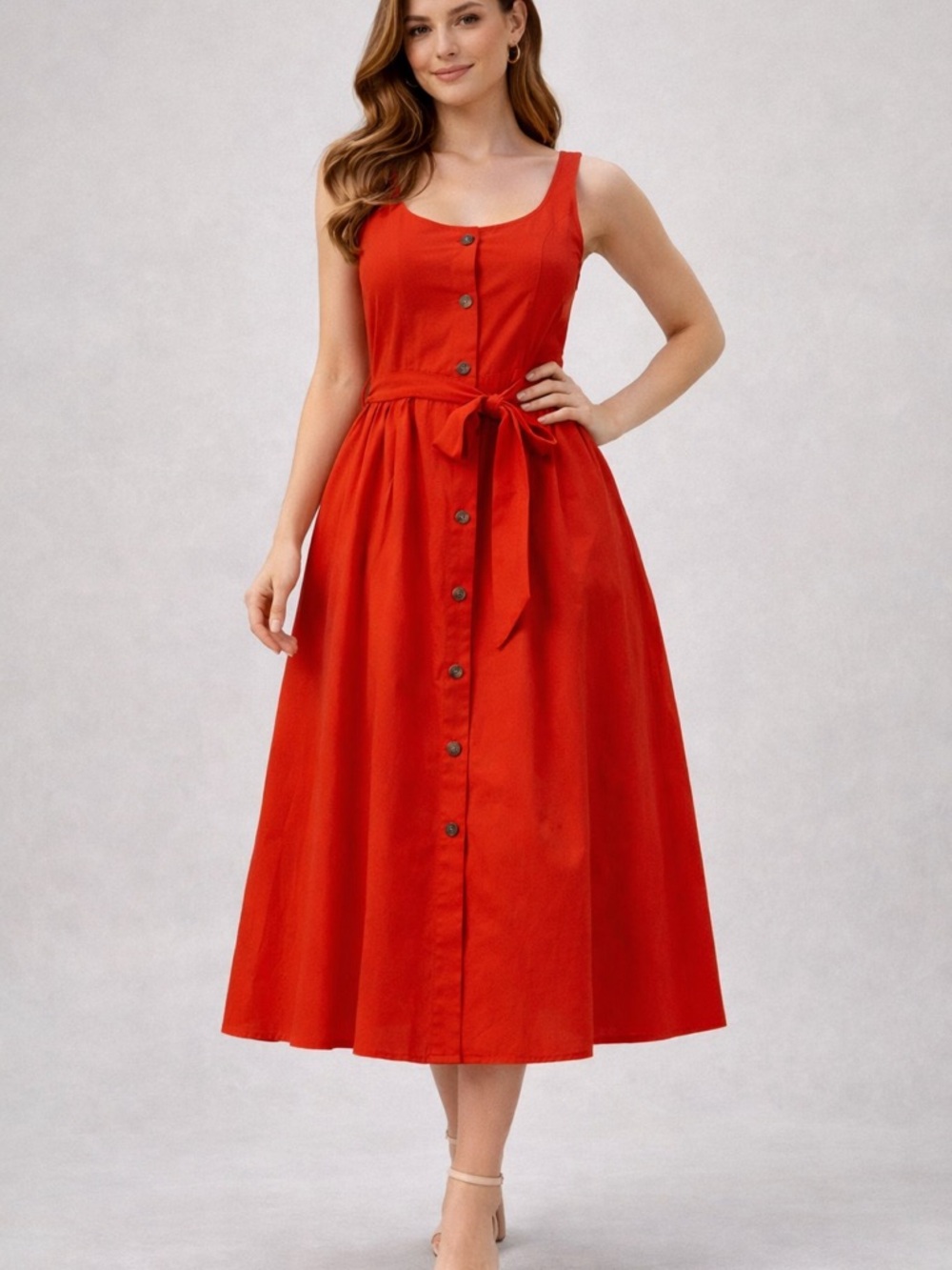 A New Day Red Sleeveless Button Front Midi Dress w Pockets Belted Size 10